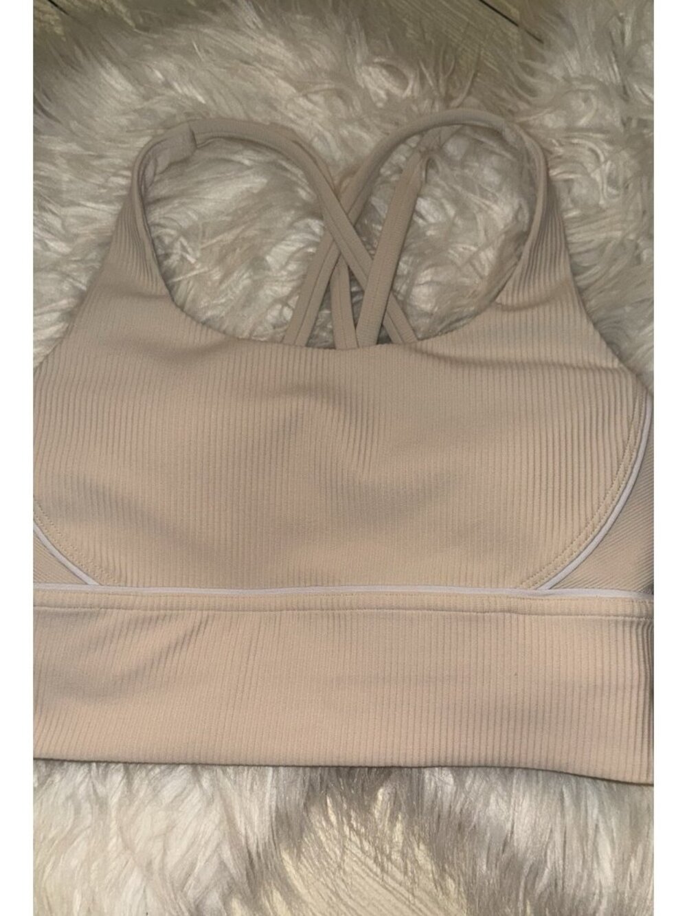 Lululemon Energy Longline Ribbed Sports Bra Strappy Back WF Womens 4 Light Beige - Picture 3 of 6